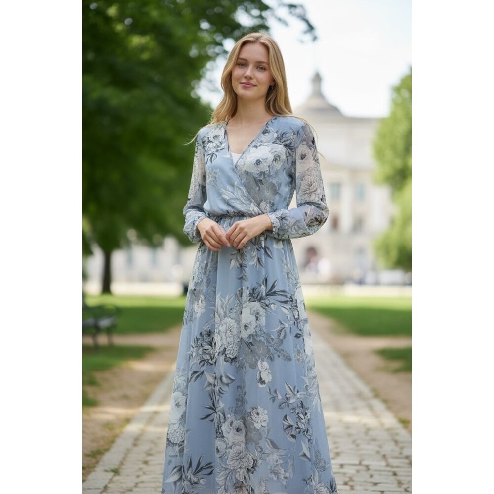 NEW Kate and Lily Womens Sz 6 Blue White Floral Print Maxi Dress Long Sleeve